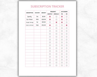 Subscription Tracker Template, Monthly Bill Tracker PDF, Auto Renew Log, Minimal Pink Budget Planner Insert, Bullet Journal Inserts