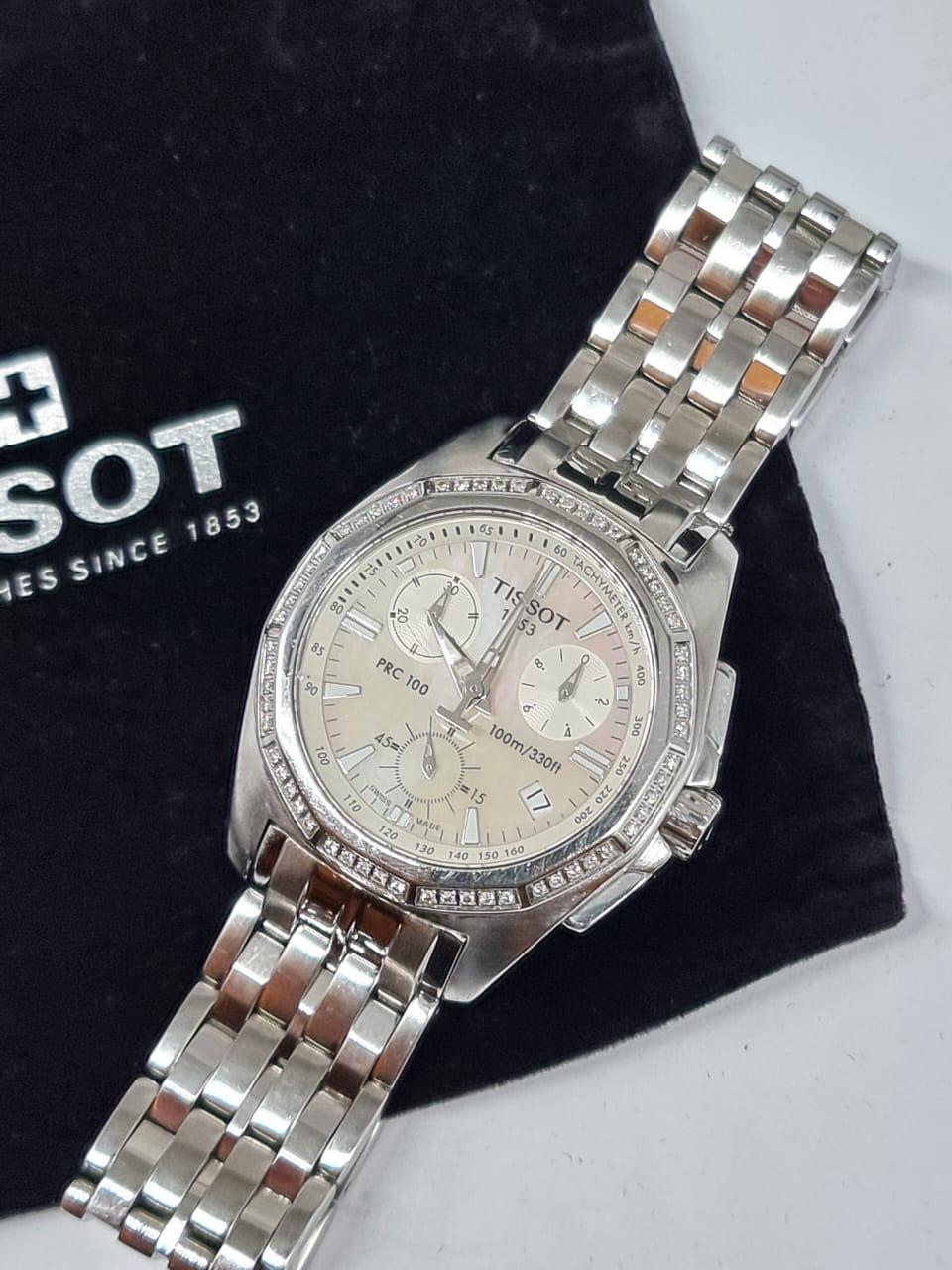 Tissot PRC 100 Diamond Bezel Streel MOP Dial Quart Ladies 