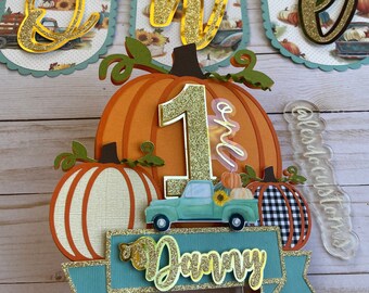 Boy Fall theme cake topper and high chair banner - pumpkin spice, boho fall party decor, 1st birthday, farm truck, custom party decor,