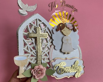 Baptism girl cake topper - Mi bautizo cake topper- custom party decor - Nuestro bautizo - personalized cake topper - 3D cake topper