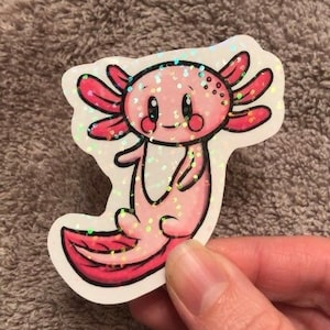 Axolotl Sticker, Holographic Axolotl Sticker, Kawaii Axolotl, Cute Axolotl, Pink Axolotl, Vinyl Decal, Animal Gifts for Laptops, and Binders
