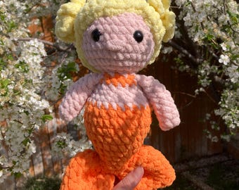 Crochet Mermaid Plushie, Homemade Orange Mermaid Doll