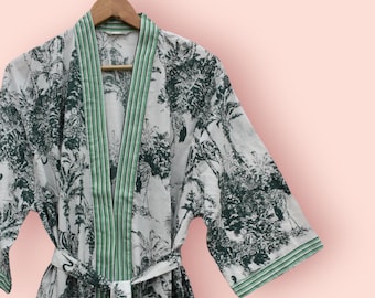 Kimono da spiaggia indiano in cotone 100% verde, kimono, accappatoio in cotone, accappatoio da doccia, accappatoio premaman, accappatoio, vestaglia da spiaggia lunga/corta
