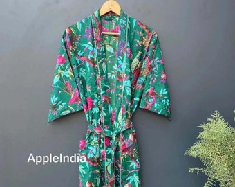 Green 100% Cotton Indian Beach Kimono Robe ,Kimono Robe,Cotton Robe,Shower Robe, Maternity Robe Bath robe Dressing Gown Beachwear long/short