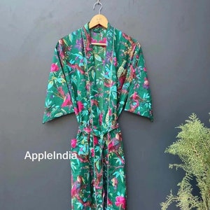 Green 100% Cotton Indian Beach Kimono Robe ,Kimono Robe,Cotton Robe,Shower Robe, Maternity Robe Bath robe Dressing Gown Beachwear long/short