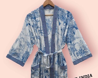 Accappatoio kimono da spiaggia indiano in cotone 100% blu, accappatoio kimono, accappatoio in cotone, accappatoio per doccia, accappatoio premaman Accappatoio Vestaglia Abbigliamento da spiaggia lungo/corto