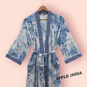 Blue 100% Cotton Indian Beach Kimono Robe ,Kimono Robe,Cotton Robe,Shower Robe, Maternity Robe Bath robe Dressing Gown Beachwear long/short