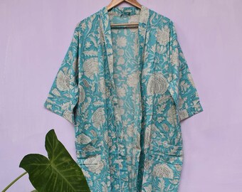 Bellissimo abito kimono in cotone, kimono accappatoio, kimono in cotone stampato a blocchi a mano, accappatoio da doccia, vestaglia kimono in cotone, vestaglia tigre