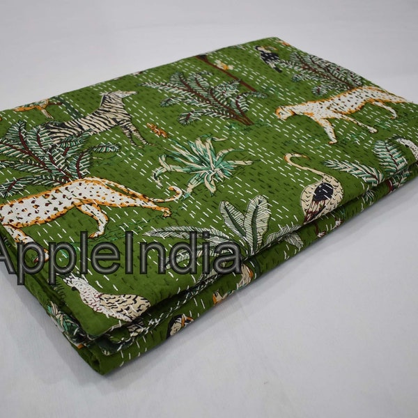 Jungle safari print Kantha quilt king queen size Bedspread Kantha throw blanket quilted  Kantha Green Blue bedcover Cotton Throw Blanket