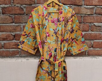 Senape 100% cotone indiano da spiaggia Kimono Accappatoio, Accappatoio kimono, Accappatoio in cotone, Accappatoio da doccia, Accappatoio premaman Accappatoio Vestaglia Abbigliamento da spiaggia lungo/corto