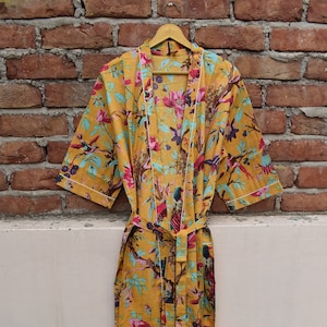 Mustard 100% Cotton Indian Beach Kimono Robe,Kimono Robe,Cotton Robe,Shower Robe,Maternity Robe Bath robe Dressing Gown Beachwear long/short