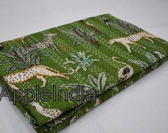 Jungle safari print Kantha quilt king queen size Bedspread Kantha throw blanket quilted  Kantha Green Blue bedcover Cotton Throw Blanket