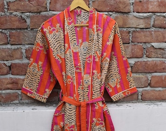 Bellissimo abito kimono in cotone, accappatoio kimono, kimono in cotone stampato a mano, accappatoio da doccia, accappatoio kimono in cotone, vestaglia tigre