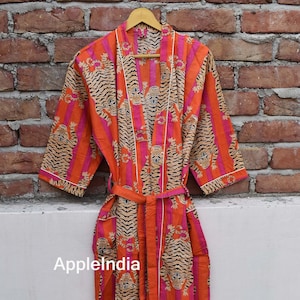 Beautiful Cotton Kimono Dress, Bath Robe Kimono, hand Block Printed Cotton Kimono, Shower Robe, Cotton Kimono Robe, Dressing Gown tiger
