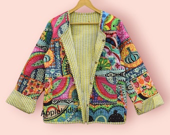 Giacca trapuntata in cotone, giacca floreale reversibile, cappotti vintage, bomber con stampa a blocchi fatto a mano, giacca boho kantha da donna, cappotti invernali ed estivi
