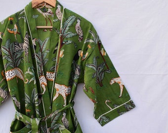 Green 100% Cotton Indian Beach Kimono Robe ,Kimono Robe,Cotton Robe,Shower Robe, Maternity Robe Bath robe Dressing Gown Beachwear long/short