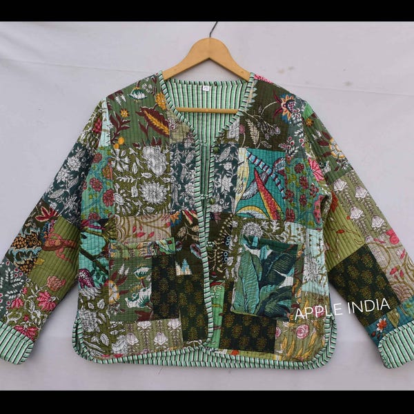 Patchwork Jacke Baumwolle gesteppte Jacke Wendejacke floral Rosa Grün, Vintage Handarbeit für Frauen Männer Kantha gequiltete Frauen Wintermantel