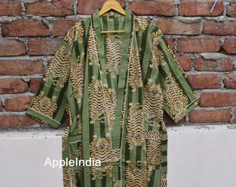 Bellissimo abito kimono in cotone, kimono accappatoio, kimono in cotone stampato a blocchi a mano, accappatoio da doccia, vestaglia kimono in cotone, vestaglia tigre