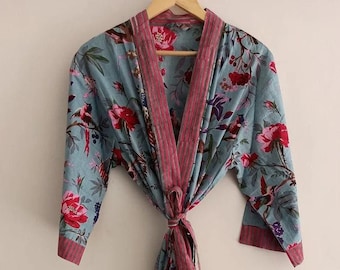 Kimono da spiaggia indiano in cotone 100% verde, kimono, accappatoio in cotone, accappatoio da doccia, accappatoio premaman, accappatoio da bagno, abbigliamento da spiaggia lungo/corto