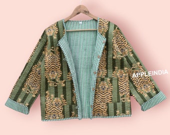 Giacca da donna reversibile trapuntata in cotone verde, giacca da donna e ragazza, giacca invernale estiva boho lunga e corta con ricamo.