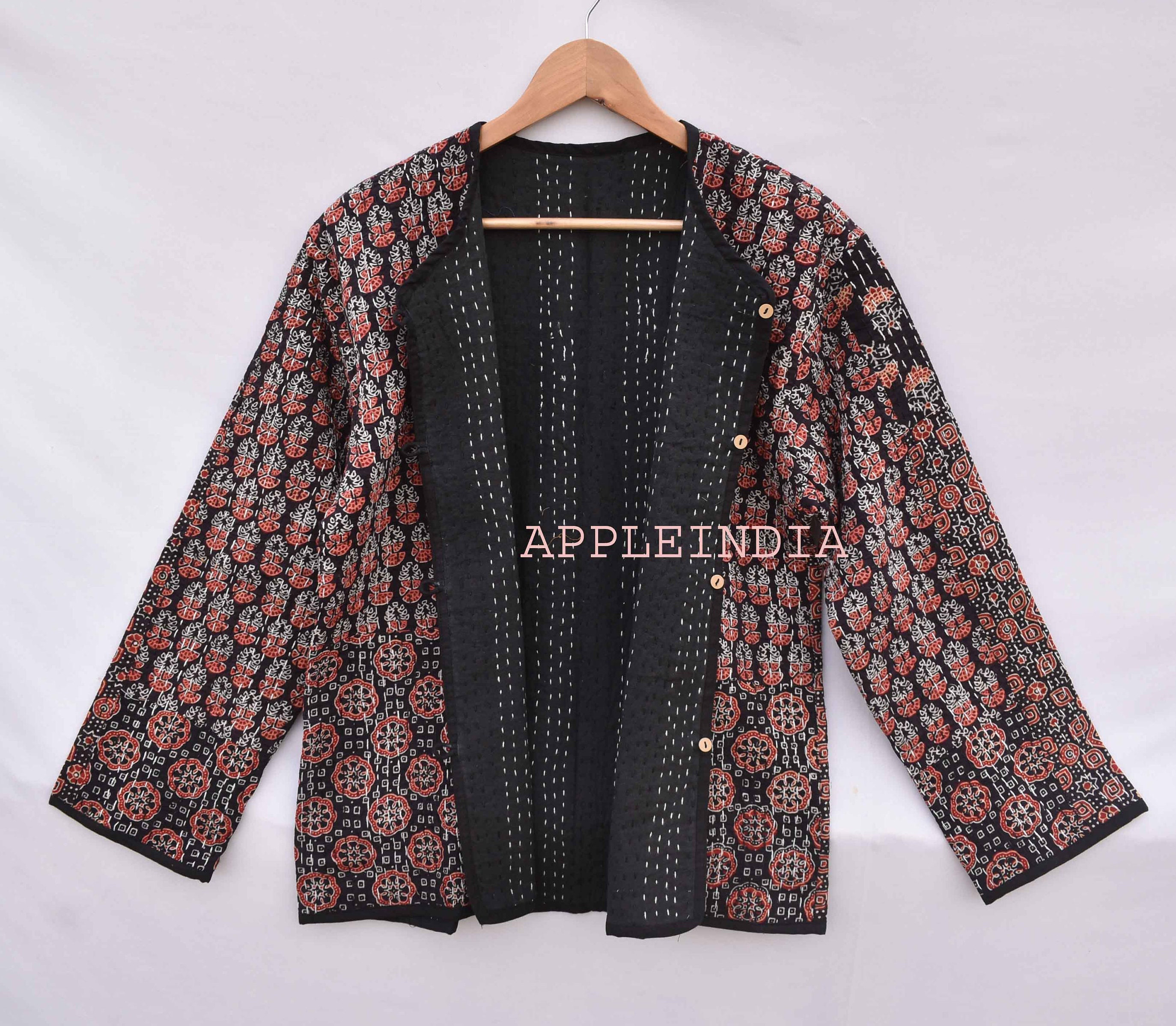 Black Kantha patchwork Jacket,Vintage Reversible Cotton Hand Block Print Jacket,Two In One Jacket,Boho handmade girls women short Jacket