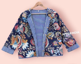 Giacca reversibile da donna in cotone blu trapuntato, cappotto alla moda con stampa floreale kantha, giacca da donna/ragazza, invernale/estate, boho, lunga/corta, ricamata.
