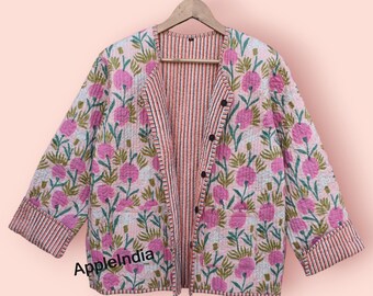 Giacca trapuntata in cotone, giacca floreale reversibile, cappotti vintage fatti a mano per donne e uomini, bomber, giacca kantha boho per donne, cappotti invernali ed estivi