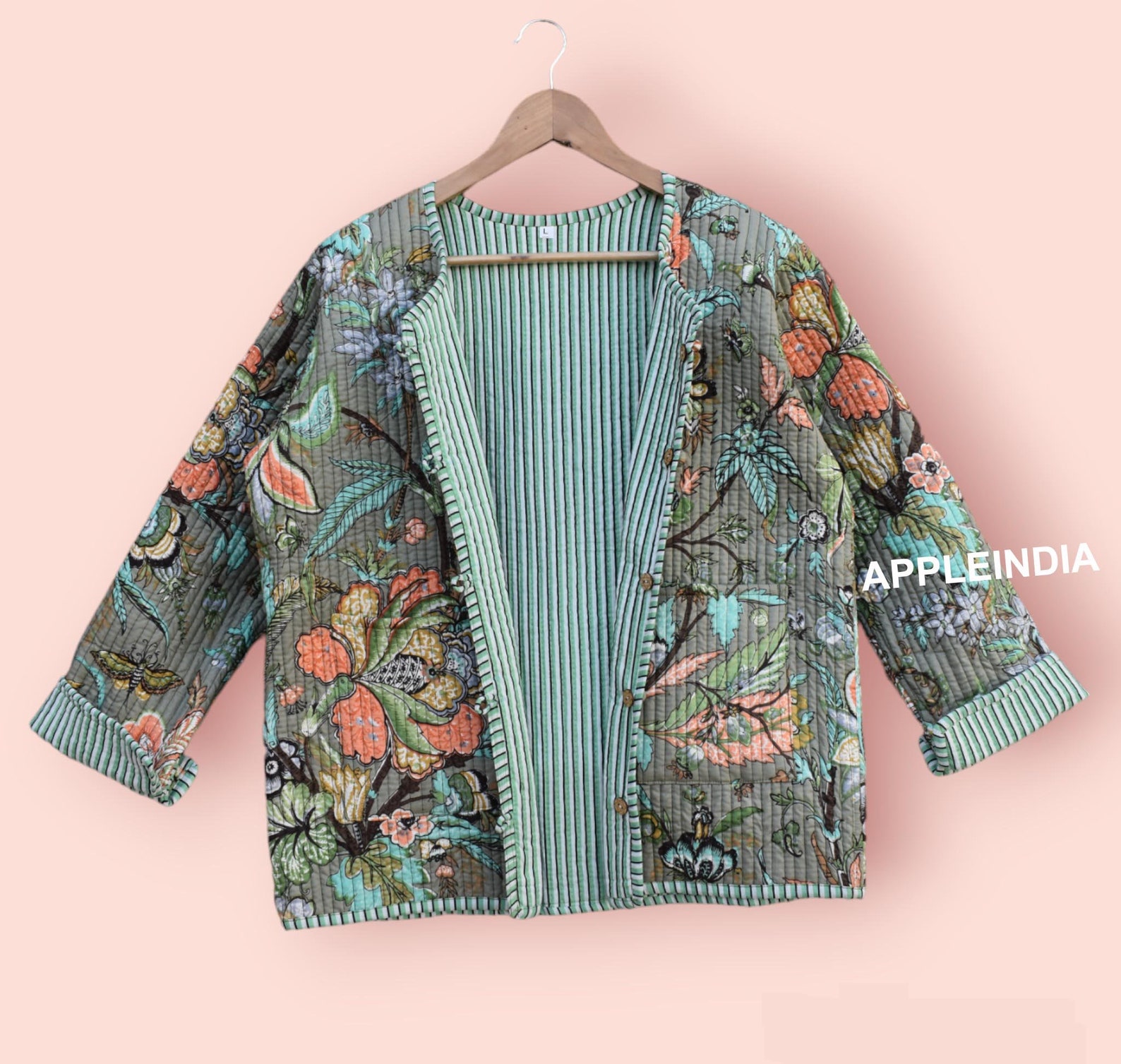 Cotton Quilted Handmade Reversible Fashion Jacket Coat Floral Kantha ...