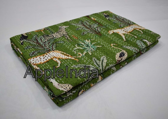 Jungle safari print Kantha quilt king queen size Bedspread Kantha throw blanket quilted  Kantha Green Blue bedcover Cotton Throw Blanket