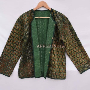 Green cotton Patchwork Jackets, Indian Cotton Handmade Winter Jacket Coat, Bohemian Style Jacket, Unisex Short Quilted Kantha Jacket