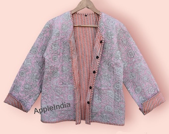 Giacca rosa trapuntata con stampa floreale a blocchi • Giacche invernali ed estive da donna per ragazze • Giacche kimono boho kantha hippie • Regali per la mamma ricamati
