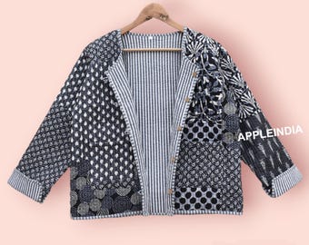 Giacca trapuntata nera con applicazioni, giacca floreale reversibile, cappotti vintage fatti a mano per uomo e donna, bomber boho kantha, giacca estiva da donna
