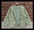 Green Cotton quilted women reversible fashion jacket coat Floral kantha women girls jacket winter summer boho long short Jacket embroidery product logo