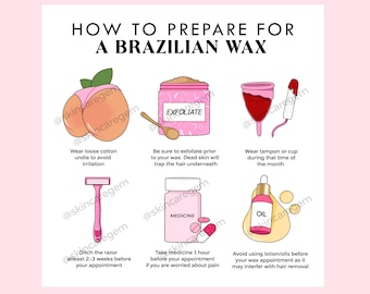 Puede incluir: Una infografía rosa y blanca con ilustraciones sobre cómo prepararse para una depilación brasileña. La infografía incluye consejos como usar ropa interior de algodón suelta, exfoliar, tomar medicamentos y evitar lociones y aceites antes de la cita.