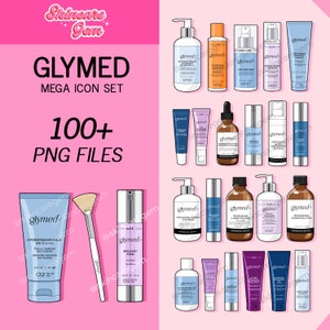 May include: A set of 100+ Glymed skincare products in various bottles, tubes, and jars. The products are illustrated in a cartoon style and feature a pink background. The text "Glymed Mega Icon Set" and "100+ PNG Files" are also included in the image.