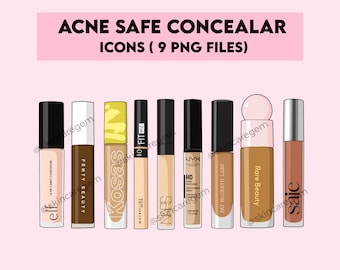 May include: Nine different brands of concealer in various shades of beige and brown, with black and silver caps. The brands include elf, Fenty Beauty, Kosas, Maybelline, NARS, NYX, Pat McGrath Labs, Rare Beauty, and Saie. The text "ACNE SAFE CONCEALAR ICONS (9 PNG FILES)" is at the top of the image.