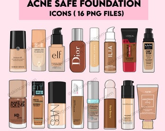 May include: A collection of 16 foundation bottles and tubes, all labeled as acne safe. The bottles are various colors, including beige, brown, and clear. The labels include brand names such as Fenty Beauty, Dior, and Tarte.