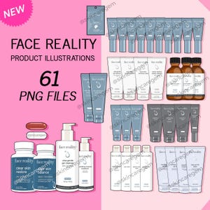 May include: An illustration of Face Reality skincare products, including cleansers, serums, and supplements. The image features various product containers, including bottles, tubes, and capsules, with the brand's logo and product names. The background is a vibrant pink.