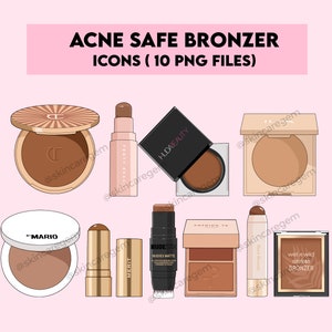 Peut inclure: Dix icônes représentant différentes marques de bronzés sans acné. Les icônes sont de style cartoon et présentent différentes nuances de brun, noir et or. Les marques incluent Fenty Beauty, Huda Beauty, Merit, Nudestix, Patrick Ta et Wet n Wild.