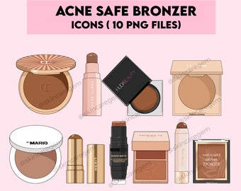 May include: A collection of ten icons depicting different brands of acne-safe bronzers. The icons are in a cartoon style and feature various shades of brown, black, and gold. The brands include Fenty Beauty, Huda Beauty, Merit, Nudestix, Patrick Ta, and Wet n Wild.