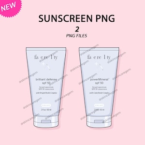 May include: Two light blue sunscreen tubes with the text "fa ere lty" and "SUNSCREEN PNG 2 PNG FILES". The tubes are labeled "brilliant defense SPF 50" and "powerMineral SPF 50". Each tube contains 2 fl oz / 60 ml.