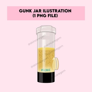 May include: A clear glass jar with a black lid and a yellow liquid inside. The jar has a small spout on the side and the text "#GUNKIE" is printed on the jar.