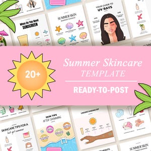 May include: A collection of pink and white summer skincare templates with illustrations and text. The central graphic features a yellow sun with the number "20+". Other templates include tips on sunscreen, UV rays, and skincare.