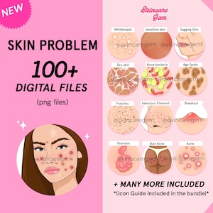 May include: A pink and white graphic with the text "Skin Problem 100+ Digital Files (png files)" and illustrations of different skin conditions, including whiteheads, dry skin, acne bacteria, age spots, freckles, sebaceous filament, breakout, psoriasis, butt acne, and acne. The text "Skincare Gem" is also included in the graphic.