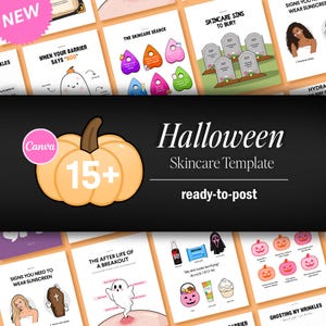 May include: A digital collection of Halloween-themed skincare social media templates featuring illustrations of pumpkins, ghosts, tombstones, and skincare products. The text includes Halloween Skincare Template, 15+, and ready-to-post on a black background.