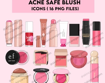 May include: A collection of 16 blush icons featuring various brands and packaging styles. The icons are in a pink, red, and brown color scheme. The text "ACNE SAFE BLUSH ICONS (16 PNG FILES)" is at the top of the image.