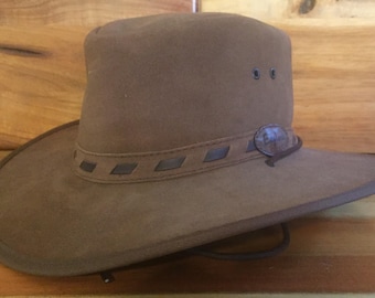 Western style, genuine suede hat, water resistant, with fly band trim and chin strap