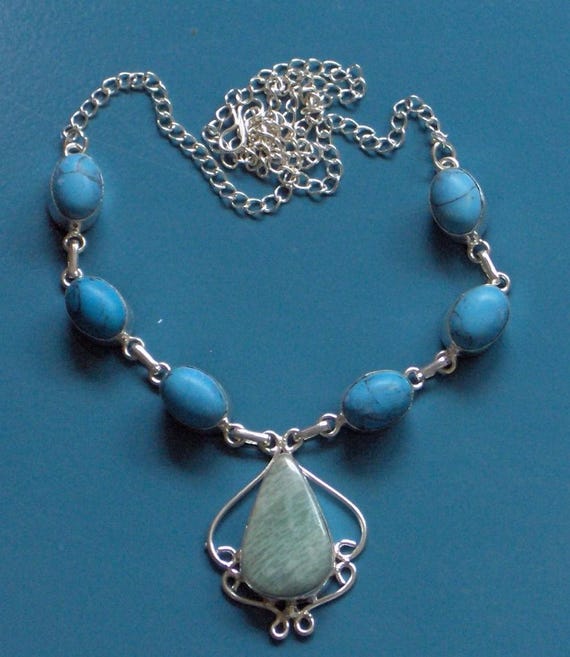Amazonite turquoise long 22" solid 925 silver nec… - image 1