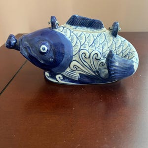 Vintage Koi Fish Hand painted Chinese Teapot Sake Decanter blue white good luck