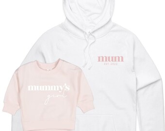 Mum & Mummy's Girl Matching Hoodie Set, Custom Baby Sweatshirt, Personalised Mother's Day Gift, New Mama Embroidered Established Year Jumper